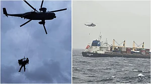 | Photo: X/SpokespersonNavy : Indian Navy Rescues Critically Injured Chinese Sailor Off Mumbai Coast | WATCH